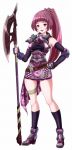  1girl armor breasts endou_masatoshi fingerless_gloves full_body gloves hand_on_hip high_heels long_hair magic:_the_gathering maroon_hair open_mouth pink_eyes polearm ponytail simple_background socks soldier_(mtg) solo standing weapon white_background 