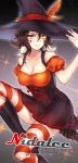  1girl breasts brown_hair character_name cleavage collarbone dress earrings fang hand_to_hat hat jewelry joypyonn league_of_legends looking_at_viewer nidalee short_hair smile solo striped striped_legwear thigh-highs watermark web_address witch_hat yellow_eyes 