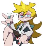  1girl alternate_costume bespectacled blazer blonde_hair blue_eyes chair crossed_legs glasses grin long_hair nail_polish necktie official_style panty_&amp;_stocking_with_garterbelt panty_(psg) red_nails school_uniform shenanimation sitting skirt smile solo test_tube 