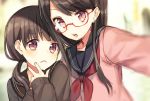 2girls black_hair brown_eyes brown_hair bust cardigan earrings frown glasses hand_to_own_mouth jewelry long_hair looking_at_viewer low_twintails midorikawa_you multiple_girls original pink_eyes red-framed_glasses school_uniform self_shot semi-rimless_glasses serafuku twintails under-rim_glasses 