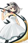  1girl artist_name bare_shoulders black_nails brown_eyes character_request commentary_request dress flower frown hairband over_shoulder pantyhose red_eyes scythe short_hair silver_hair simple_background solo wanglee417 weapon weapon_over_shoulder white_background 