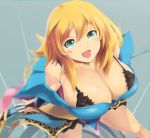  1girl :d aqua_eyes bare_shoulders black_bra blonde_hair blue_dress blurry bra breasts bridal_gauntlets chromatic_aberration cleavage dark_magician_girl depth_of_field dress facial_mark from_above headwear_removed jewelry large_breasts long_hair looking_up necklace no_hat off_shoulder open_mouth senria smile solo staff underwear yuu-gi-ou 