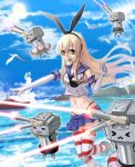  &gt;_&lt; 1girl :&lt; blonde_hair bojue_yu_yaojing_695657 elbow_gloves gloves hairband highleg highleg_panties kantai_collection laser long_hair navel ocean panties rensouhou-chan sailor_collar shimakaze_(kantai_collection) ship skirt smile striped striped_legwear thigh-highs underwear very_long_hair 