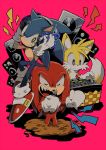  aoki_(fumomo) dj gloves grin headphones knuckles_the_echidna microphone miles_prower no_humans pink_background shoes singing smile sneakers sonic sonic_the_hedgehog speaker 
