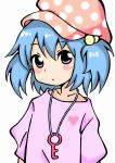  1girl alternate_costume blue_eyes blue_hair blush blush_stickers bust collarbone hair_bobbles hair_ornament hat heart jewelry kawashiro_nitori key key_necklace looking_at_viewer meme-tan_(bana_nan26) necklace pink_shirt polka_dot shirt short_sleeves simple_background solo touhou twintails white_background 