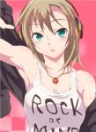  1girl arm_up armpits bare_shoulders blush breasts brown_hair clothes_writing green_eyes headphones idolmaster idolmaster_cinderella_girls jewelry necklace open_mouth rei_oe short_hair solo sweat tada_riina tank_top 