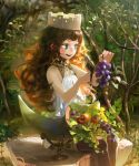  1girl attall blue_eyes brown_hair cornucopia dress food forest fruit goddess grapes highres jewelry long long_hair nature open_mouth shingoku_no_valhalla_gate smile solo tagme 