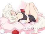 1girl animal_ears bandages barefoot blush bottomless breasts cleavage collarbone food food_in_mouth hat inubashiri_momiji large_breasts looking_at_viewer pocky pom_pom_(clothes) red_eyes short_hair silver_hair solo tail tokin_hat touhou translation_request wolf_ears wolf_tail yokoshima_(qb74pnkp) 