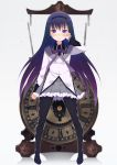  1girl akemi_homura clock crying crying_with_eyes_open hairband highres hym9594 long_hair looking_at_viewer magical_girl mahou_shoujo_madoka_magica pleated_skirt purple_hair skirt smile solo streaming_tears tears very_long_hair violet_eyes 