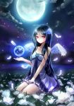  1girl angel angel_wings babydoll bare_arms bare_shoulders black_hair clouds collarbone feathers field flower flower_field full_moon glowing glowing_wings hair_flower hair_ornament highres lake long_hair looking_at_viewer moon night off_shoulder original planet red_eyes reflection seiza shironeko_yuuki sitting sky solo star_(sky) starry_sky strap_slip very_long_hair wings 