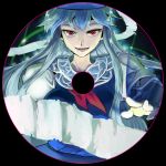  1girl album_cover blue_dress breasts cover dress hat kamishirasawa_keine large_breasts long_hair looking_at_viewer neckerchief open_mouth red_eyes scroll shirt silver_hair sinzan smile solo touhou very_long_hair 