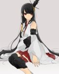  black_hair blurry depth_of_field detached_sleeves fusou_(kantai_collection) hair_ornament hita_(hitapita) japanese_clothes kantai_collection long_hair nontraditional_miko red_eyes sitting smile solo very_long_hair 