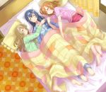  3girls barefoot bed bed_sheet blue_hair blush brown_hair closed_eyes curtains hug kousaka_honoka long_hair love_live!_school_idol_project minami_kotori multiple_girls orange_hair pajamas pillow satsuma_age short_hair sleeping sonoda_umi 