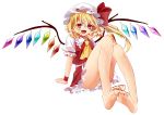  1girl :d absurdres asoct bare_legs barefoot blonde_hair flandre_scarlet highres legs looking_at_viewer mob_cap open_mouth panties pantyshot red_eyes side_ponytail sitting smile solo suzuka_sario touhou underwear wings 