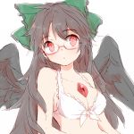  1girl :o bare_shoulders bikini black_hair black_wings bow breasts cleavage feathered_wings frilled_bikini frills front-tie_bikini front-tie_top furorida glasses hair_bow long_hair red_eyes reiuji_utsuho semi-rimless_glasses simple_background solo swimsuit third_eye touhou under-rim_glasses white_background white_bikini white_swimsuit wings 