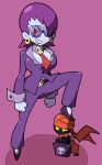  1girl alternate_costume bespectacled blue_skin breasts business_suit cravat earrings formal glasses grin high_heels hoop_earrings jewelry lipstick makeup pant_suit purple_hair purple_lipstick red_eyes risky_boots shantae shenanimation short_hair smile solo_focus stepped_on suit sweatdrop tinkerbat wrist_cuffs 