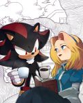  blonde_hair blue_eyes book cup hairband maria_robotnik mug naoko_(juvenile) partially_colored red_eyes shadow_the_hedgehog smile sonic_the_hedgehog 