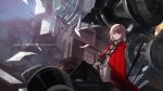  1girl blurry depth_of_field grey_eyes highres looking_at_viewer original short_hair silver_hair sitting smile solo swd3e2 translation_request 