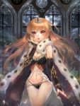  1girl absurdres breasts bridal_gauntlets brown_hair cleavage fangs fingernails frills full_moon fur_trim g-string highres long_hair looking_at_viewer moon navel original panties pointy_ears red_eyes solo thong tiara underwear window zonekiller10 