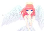  1girl angel angel_wings blue_eyes dress finger_to_mouth gintama halo happy_birthday hym9594 kagura_(gintama) long_hair looking_at_viewer redhead smile solo white_dress wind wings 