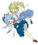  2girls blue_eyes blue_hair bow cirno daiyousei fairy_wings green_hair hair_bow highres ice ice_wings multiple_girls one_eye_closed open_mouth puffy_short_sleeves puffy_sleeves sanka_(mana_nim) shirt short_sleeves side_ponytail skirt skirt_set smile touhou vest wings 