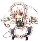  1girl blue_eyes braid chibi izayoi_sakuya maid maid_headdress short_hair solo tosura-ayato touhou twin_braids white_hair 