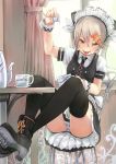  1girl :p blonde_hair boots brown_eyes chair cup dress fu-ta hair_ornament hairclip long_hair maid maid_headdress original panties pantyshot pantyshot_(sitting) ponytail pouring sitting solo striped striped_panties table teacup teapot thigh-highs tongue tongue_out twintails underwear wrist_cuffs 