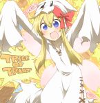  &gt;:d 1girl :d arms_up blonde_hair blue_eyes blush bow candy chocolate_bar fairy_wings ghost_costume hair_bow lily_white lollipop long_hair nobamo_pieruda open_mouth smile solo touhou trick_or_treat wings 