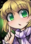  1girl blonde_hair blush close-up flower-shaped_pupils fun_bo green_eyes index_finger_raised looking_at_viewer mizuhashi_parsee open_mouth scarf solo touhou 