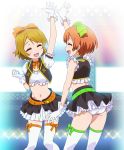  2girls ^_^ bow brown_hair closed_eyes earrings gloves hair_bow high_five highres hoshizora_rin jewelry koizumi_hanayo love_live!_school_idol_project midriff multiple_girls navel no_brand_girls open_mouth orange_hair panties pantyshot pantyshot_(standing) short_hair silver_meteor skirt stage stage_lights standing thigh-highs underwear white_gloves white_legwear white_panties 