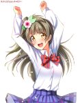  1girl :d arms_up blush bowtie brown_hair dated highres long_hair looking_at_viewer love_live!_school_idol_project minami_kotori open_mouth school_uniform skirt smile solo susume_tomorrow white_background yellow_eyes yu-ta 