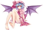  1girl :&lt; absurdres asoct bare_legs barefoot blue_hair highres legs looking_at_viewer mob_cap red_eyes remilia_scarlet short_hair sitting solo suzuka_sario touhou 