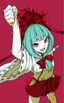  1girl alternate_costume fist_pump green_hair hair_ribbon japanese_clothes kagiyama_hina microphone miko open_mouth red_background red_eyes ribbon solo thupoppo touhou wide_sleeves 