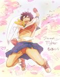  1girl bandaid brown_hair buruma buruma_under_skirt clenched_hand fingerless_gloves fist_pump gloves headband jumping kasugano_sakura loose_socks midriff navel school_uniform serafuku shoes short_hair sneakers socks solo sports_bra street_fighter toko_(tokosuke1040) 