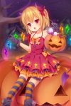  1girl :d alternate_costume basket black_gloves blonde_hair bow candy collarbone demon_horns demon_tail dress fang flandre_scarlet frills gloves hair_bow hair_ribbon halloween highres holding horns jack-o&#039;-lantern lollipop looking_at_viewer nachi one_side_up open_mouth red_dress red_eyes ribbon sitting smile solo striped striped_legwear tail thigh-highs touhou wings zettai_ryouiki 