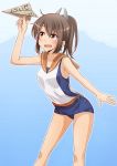  1girl anti_(untea9) blush brown_eyes brown_hair highres i-401_(kantai_collection) kantai_collection looking_at_viewer one-piece_swimsuit open_mouth paper_airplane ponytail sailor_collar school_swimsuit school_uniform short_hair short_ponytail smile solo swimsuit swimsuit_under_clothes 