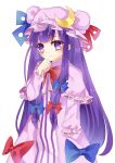  1girl absurdres bow hair_bow hair_ribbon highres long_hair looking_at_viewer mob_cap patchouli_knowledge purple_hair ribbon simple_background solo suzuka_sario touhou very_long_hair violet_eyes white_background 