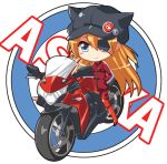  1girl blue_eyes bodysuit brown_hair character_name chibi eyepatch hat jacket kaniya_shiku looking_at_viewer lowres motor_vehicle motorcycle neon_genesis_evangelion riding smile solo souryuu_asuka_langley vehicle 