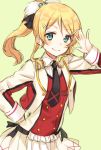  1girl ayase_eli blonde_hair blue_eyes hair_ornament hairclip hand_on_hip looking_at_viewer love_live!_school_idol_project midorikawa_you necktie ponytail smile solo sore_wa_bokutachi_no_kiseki yellow_background 
