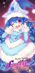  1girl ;d blue_hair braid brown_legwear character_name dress fur_trim hat joypyonn league_of_legends long_hair looking_at_viewer lulu_(league_of_legends) mittens one_eye_closed open_mouth pantyhose smile solo sparkle very_long_hair violet_eyes watermark web_address 