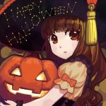  1girl brown_eyes brown_hair fate/extra fate/extra_ccc fate_(series) halloween hat jack-o&#039;-lantern kishinami_hakuno_(female) lilianess long_hair pumpkin solo witch_hat 