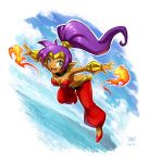  1girl blue_eyes breasts choker cleavage clouds dark_skin earrings fire flying high_ponytail jewelry long_hair maxa&#039; ocean open_mouth pointy_ears ponytail puffy_pants purple_hair shantae shantae_(character) sky smile solo very_long_hair 