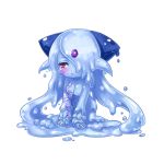  1girl blue_hair blue_skin blush breasts chibi elvetie facial_mark forehead_mark full_body goo_girl kneeling long_hair mon-musu_quest! monster_girl nude pointy_ears red_eyes simple_background solo tattoo tscbr very_long_hair white_background 