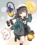  1girl :o arm_up bangs beret binoculars black_bow black_footwear black_hair black_legwear black_serafuku black_shirt black_skirt blush bow bowtie brown_eyes copyright_request eyebrows_visible_through_hair full_moon green_jacket grey_background hair_between_eyes hat hat_bow holding holding_stuffed_animal jacket kneehighs lantern loafers long_hair long_sleeves looking_at_viewer moon open_clothes open_jacket parted_lips pleated_skirt pocket school_uniform sencha_(senta_10) serafuku shirt shoes skirt sleeves_past_wrists solo standing standing_on_one_leg star stuffed_animal stuffed_toy teddy_bear white_hat white_neckwear 