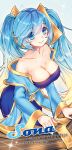  1girl bare_shoulders blonde_hair blue_eyes blue_hair breasts character_name cleavage collarbone etwahl gradient_hair instrument joypyonn league_of_legends long_hair looking_at_viewer multicolored_hair smile solo sona_buvelle twintails very_long_hair watermark web_address 