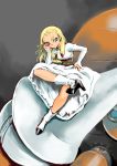  1girl ankle_boots blonde_hair blue_eyes boots chin_rest corset cyberbots devilot_de_deathsatan_ix dress forehead gem high_heel_boots high_heels long_hair mecha no_headwear ruuen_rouga sitting solo white_dress 