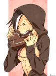  1girl bikini_top black_hair black_hood breasts chocolate chocolate_heart closed_eyes eating food food_on_face heart hoodie kamezaemon multicolored_hair original solo sweat two-tone_hair under_boob valentine white_hair 