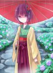  1girl bob_cut flower hieda_no_akyuu hydrangea japanese_clothes kimono oriental_umbrella purple_hair rain shirofox solo touhou umbrella violet_eyes 