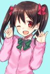 1girl ;d \m/ black_hair blue_background bow bust double_\m/ hair_bow looking_at_viewer love_live!_school_idol_project midorikawa_you one_eye_closed open_mouth red_eyes short_hair smile solo sweater yazawa_nico 