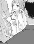  1boy 1girl blush breasts cleavage greyscale gundam gundam_build_fighters gundam_build_fighters_try highres hoshino_fumina jacket large_breasts looking_at_viewer midriff monochrome open_mouth ponytail short_hair sports_bra sweatdrop tetsuo_(tetuo1129) 